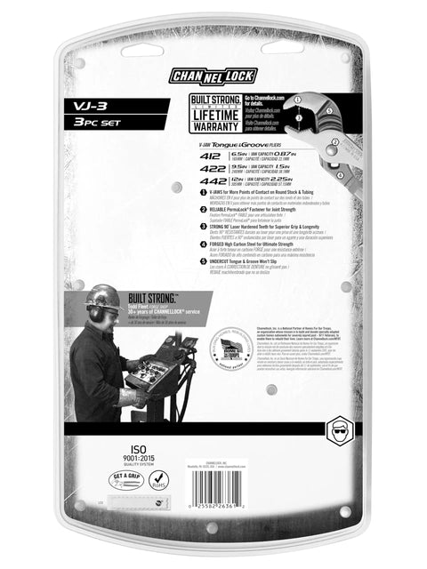 Back packaging of V Jaw Tongue And Groove Pliers Set With Dipped Handles, 3 Piece Blue Pliers For Round Stock And Tubing, sizes listed