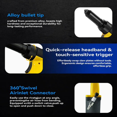 Pro-Grade Pneumatic Rivet Gun Kit with self-suction auto feed, alloy bullet tip, quick-release headband, and air inlet connector.