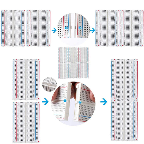 Six-Piece 400-Pin Solderless Breadboard Set for DIY Prototyping with clear pin insertion and alignment shown in close-up.