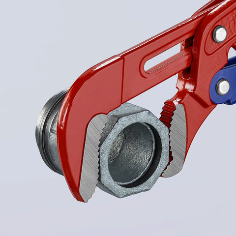 Swedish Pattern Pipe Wrench With S Shape Fast Adjust And Self Locking Action gripping metal fitting, showcasing precision and heavy-duty design.