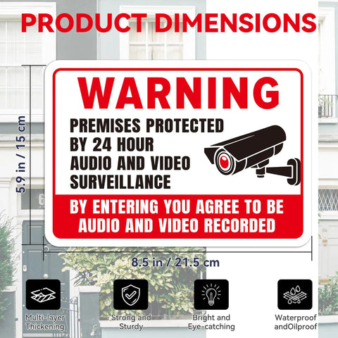Two Pack Top Shelf Security Camera Warning Stickers With Realistic Video Monitoring Graphics For Warehouses Or Homes High Visibility Vinyl Decals Heavy Duty Adhesive That Really Grips Tight Indoors Outdoors 8.5 x 5.9 inches waterproof decal.