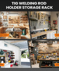 Organized tool storage racks in workshop with a TIG welding rod holder, gardening tools, and tool chest setup.