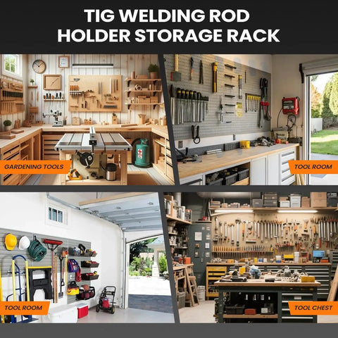 Organized tool storage racks in workshop with a TIG welding rod holder, gardening tools, and tool chest setup.