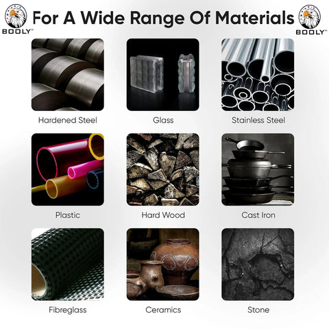 Tools materials grid showing nine material tiles including steel, glass, plastic, wood, ceramics, stone.