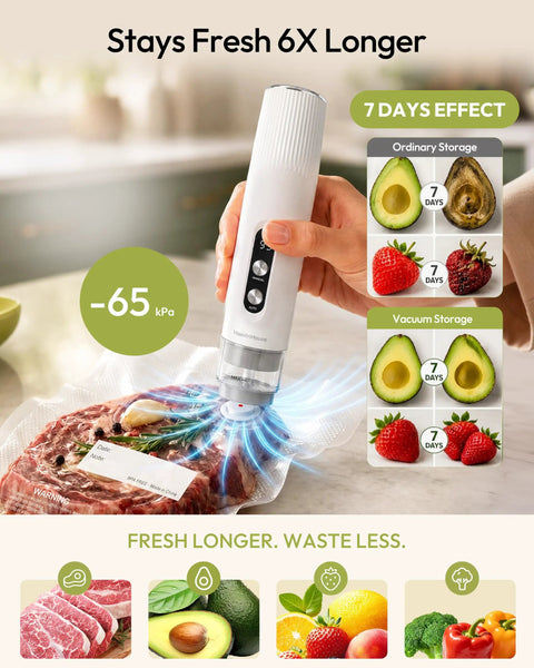Handheld Vacuum Sealer keeps food hella fresh with auto and manual modes for wet and dry use for meal prep and sous vide.