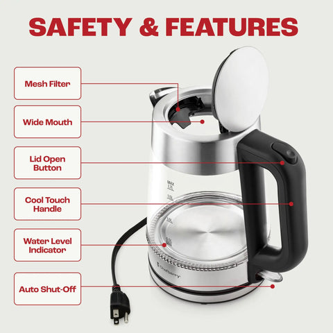 1.7L Electric Kettle For Tea And Water With Borosilicate Glass Body And Stainless Steel Water Path, No Plastic In Spout Or Filter