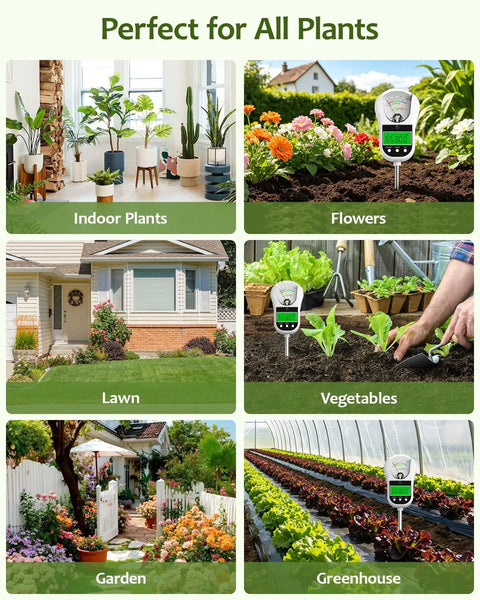 7 In 1 Soil Test Kit With Moisture, PH, Light Intensity, Fertility, Temperature, Humidity And Air Temperature Readouts, Dual Large Display For Garden, Lawn, Farm, Indoor And Outdoor Plants, Warm White shown in garden and greenhouse