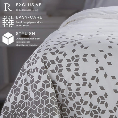 Fading Graphite Cubes Duvet Cover In White Queen Size Modern Hotel Inspired Bedding with diamond pattern close-up