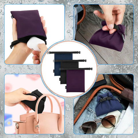 Collage of mini waterproof dry bags in black, blue, purple for Three Pack Waterproof Dry Bags Set for Outdoor Adventures