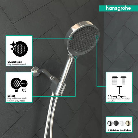 Rainfinity 3 Spray Handheld Shower Head Chrome Finish With EcoRight 1.75 GPM Water Saving Design shown mounted on wall