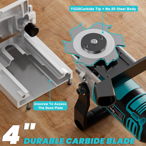 Cordless Biscuit Joiner Compatible With Makita 18V Batteries showing 4-inch durable carbide blade and base plate access.