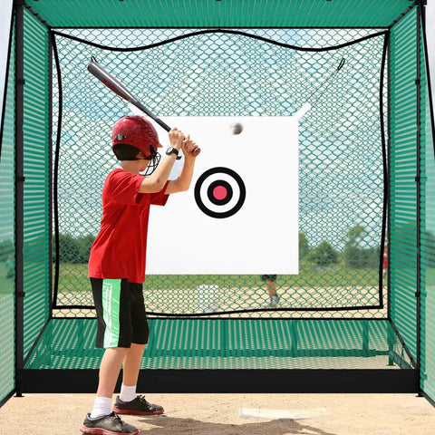 Child practicing in Golf Driving Cage With Ball Return System 10x10x10ft Heavy Duty Steel Frame Practice Net, wearing red shirt and helmet