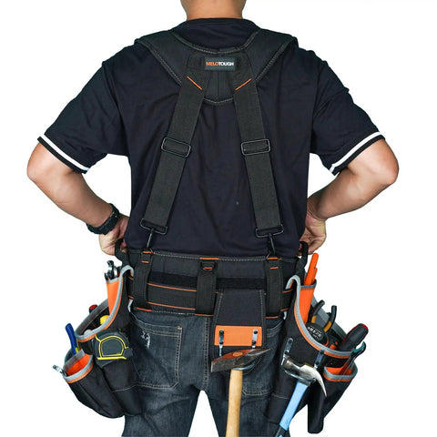 Pro Framer Combo System Tool Belt With Suspenders Do It All Rugged Heavy Duty Construction Pouch Set worn by a person from the back