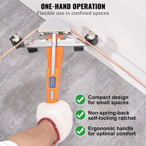 Vevor 1-4 To 7-8 Inch O.D. Ratcheting Pipe Tube Bender with ergonomic handle in use, designed for compact spaces.