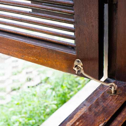 Two Pack 2 Inch Hook And Eye Latch For Privacy Stainless Steel Barn Door Lock Hardware Installed on Wooden Window Frame