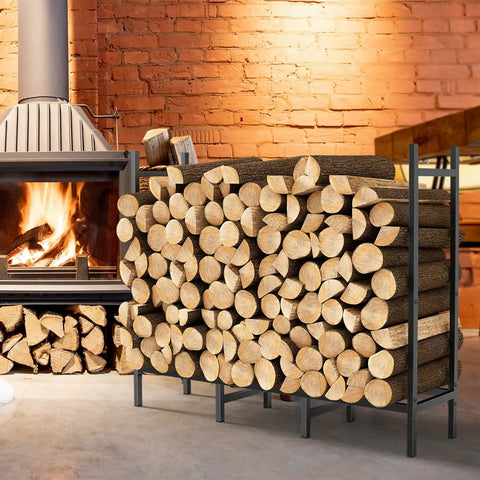 Heavy Duty Firewood Rack For Indoor And Outdoor Use Built Tough Log Holder Stand with firewood stacked by fireplace
