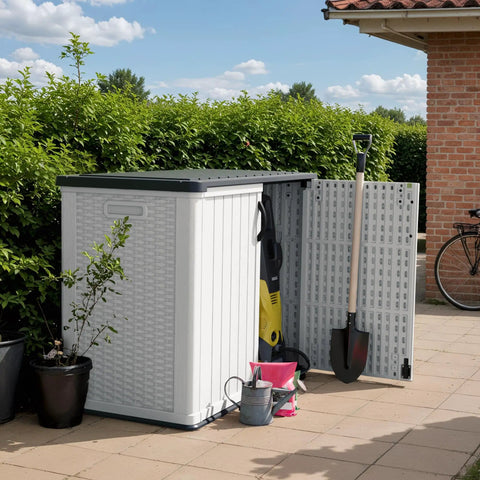 Outdoor Storage Cabinet 26 Cu Ft With Lockable Doors, Waterproof Patio Shed beside brick wall with gardening tools