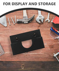 Black Iron Angle Grinder Holder Rack For Garage And Workshop Wall Mount Tool Organizer with tools nearby on wooden surface