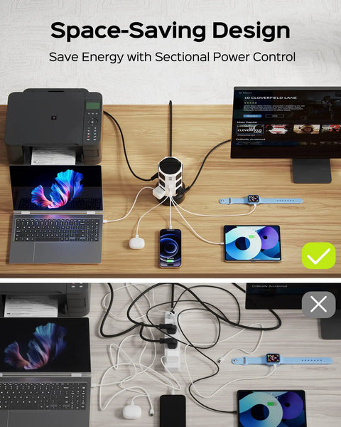 12 Outlet Surge Protector Tower With 6 USB Ports And 2 USB-C, 6.5 Foot Extension Cord For Home Office Setup, 1050J Surge Protection