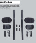 Aluminum Two Piece Aero Bars For Road Bikes With J Bend Design And Extra Long 350mm Bars, arm pads, and brackets.