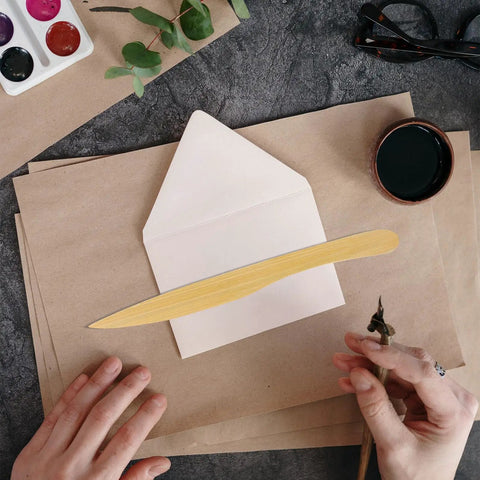 Wooden Letter Opener Set Two Pack Ergonomic Wear Resistant Envelope Slitter on open envelope and papers