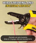 10-22 AWG Wire Stripper Cutter and Multi-Function Hand Tool in yellow and black used for cutting wire insulation