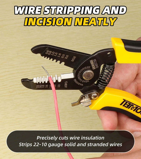 10-22 AWG Wire Stripper Cutter and Multi-Function Hand Tool in yellow and black used for cutting wire insulation