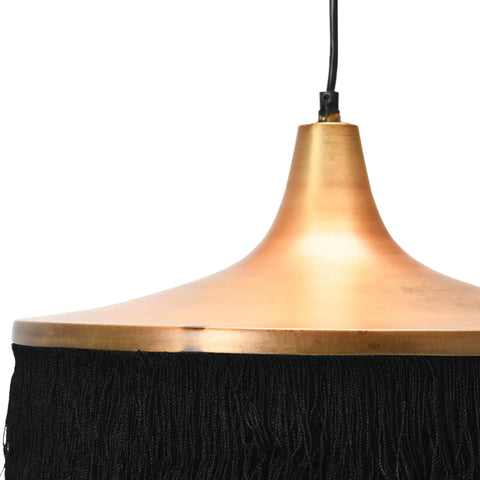 Close-up of Metal Fringe Pendant Light With Three Tiers For Dining Or Kitchen, showing tassel fringe detail and copper top