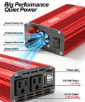 Red Portable 300W Car Inverter Power Converter From 12V DC To 110V AC With Dual USB Ports And Two AC Outlets, cooling fan visible
