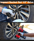 Using Impact Socket Set 1/2 Inch Drive Deep Sockets From 3/8 Inch To 1-1/2 Inch, 19 Piece Cr-V Steel With Double Lock Case on car wheel