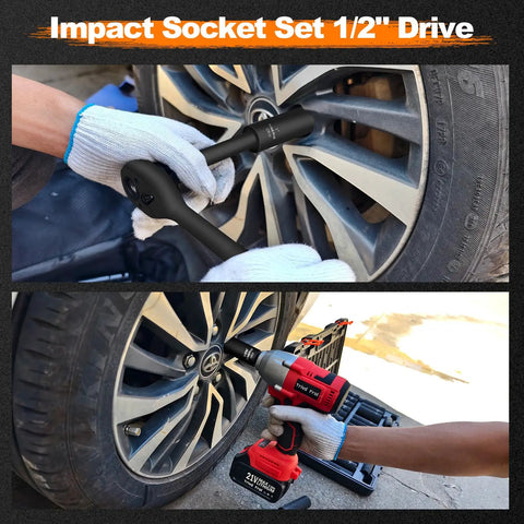 Using Impact Socket Set 1/2 Inch Drive Deep Sockets From 3/8 Inch To 1-1/2 Inch, 19 Piece Cr-V Steel With Double Lock Case on car wheel