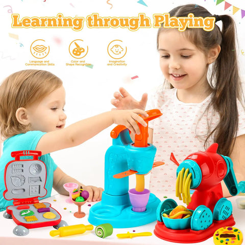 Children playing with 59 Piece 3 In 1 Dough Set For Kids Ages 3 To 8, Art Crafts Dough Tools Kit With Noodle Maker, Ice Cream Mold