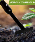 Close-up of Handy Tiny Garden Rake With Telescoping Handle 27 To 39 Inches Non Slip Grip next to plant in soil.