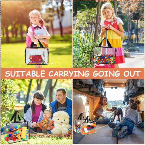 Six Pack Large Clear PVC Toy Storage Bags With Labels, Reusable Board Game Organizer, showing use in various outdoor settings