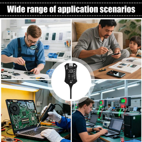 Technicians using Coil Pack Tester For PCBs with Inductance Meter and Indicator Lights in various work environments.