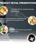 Detailed view of garden hose fittings with 3/4 male GHT connectors and features like drain hole and break-off screw.