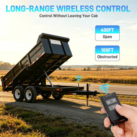 Beefed Up Long Range Wireless Dump Trailer Remote Control Kit For 12V Hydraulic System shown in use with tilt trailer.