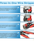 Instructional diagram for Ratcheting Crimping Tool Set 9 Piece With Automatic Wire Stripper, highlighting features and settings.