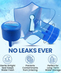 Ten Pack USA Made Water Jug Caps For 2 3 5 And 6 Gallon Jugs Spill Proof Replacement Lids Fits 55mm Openings Keeps Water Fresh And Cold Easy Pour Durable Plastic Safe For Home And Office Hydration displayed with icons emphasizing no leaks, airtight seal, contaminant prevention, and storage benefits.