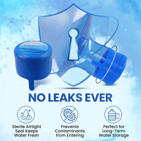 Ten Pack USA Made Water Jug Caps For 2 3 5 And 6 Gallon Jugs Spill Proof Replacement Lids Fits 55mm Openings Keeps Water Fresh And Cold Easy Pour Durable Plastic Safe For Home And Office Hydration displayed with icons emphasizing no leaks, airtight seal, contaminant prevention, and storage benefits.