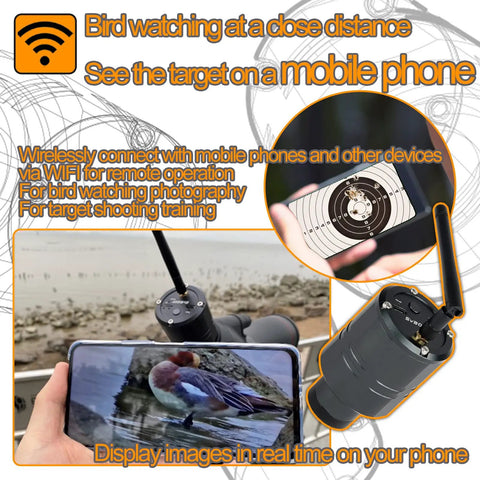 SC001 Wireless Spotting Scope Camera with WiFi for birding and digiscoping, displaying real-time target view on a smartphone screen.