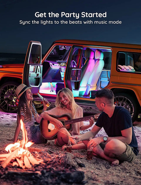 Group enjoying evening by car with Car LED Strip Lights RGBIC Interior Lighting With App Control And Music Sync 16 Million Colors