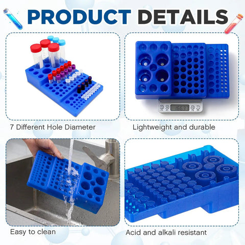 Multifunctional Test Tube Vial Rack Tray for 0.2ml to 50ml Tubes, Trapezoidal Stackable Blue Tube Holder, Lab Organizer