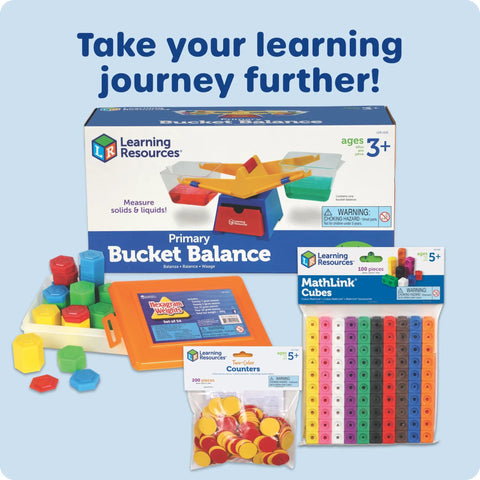Primary Bucket Balance Teaching Scale For Kids Hands On STEM Learning Tool With Removable Buckets shown in packaging