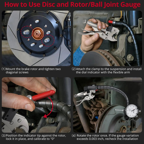 How to use 0 To 1 Inch Runout Gauge Set With Dial Indicator, 0.001 Inch Resolution, 13.77 Inch Flexible Arm, 7 Inch Locking Pliers on brake disc