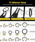 Close-up view of 225 Piece Snap Ring Pliers Kit, showing curved, straight pliers, and various sizes of snap rings and washers.