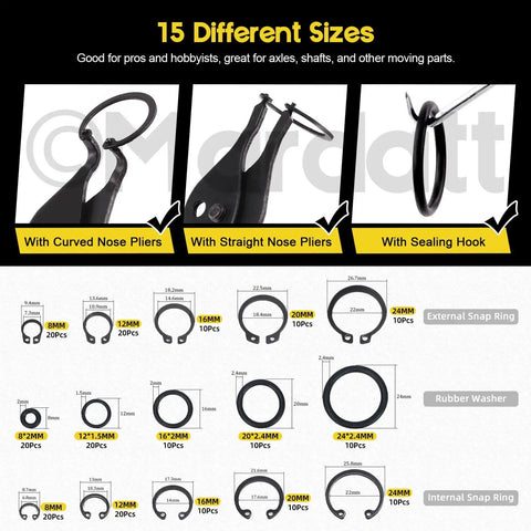 Close-up view of 225 Piece Snap Ring Pliers Kit, showing curved, straight pliers, and various sizes of snap rings and washers.