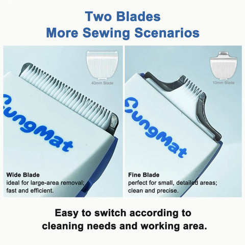 Two blades for Electric Seam Ripper Pro Kit With Storage Case And USB Charging, wide and fine blade options for precision.