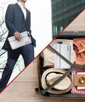 Fireproof Document Bag 11x7 Waterproof Multi Layer Money Safe with Zippers held by person and inside organized suitcase