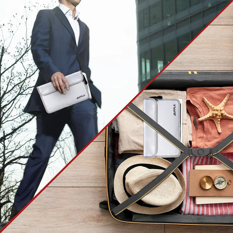 Fireproof Document Bag 11x7 Waterproof Multi Layer Money Safe with Zippers held by person and inside organized suitcase